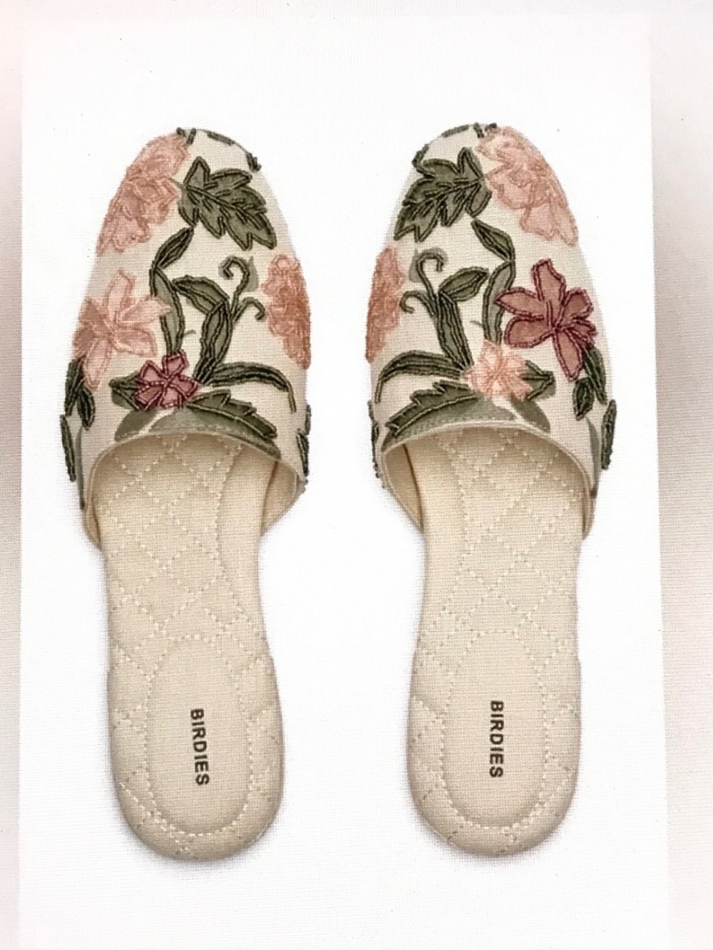 BIRDIES Songbird Linen Flora Cream Embroidered Beaded Floral Mules Size 9